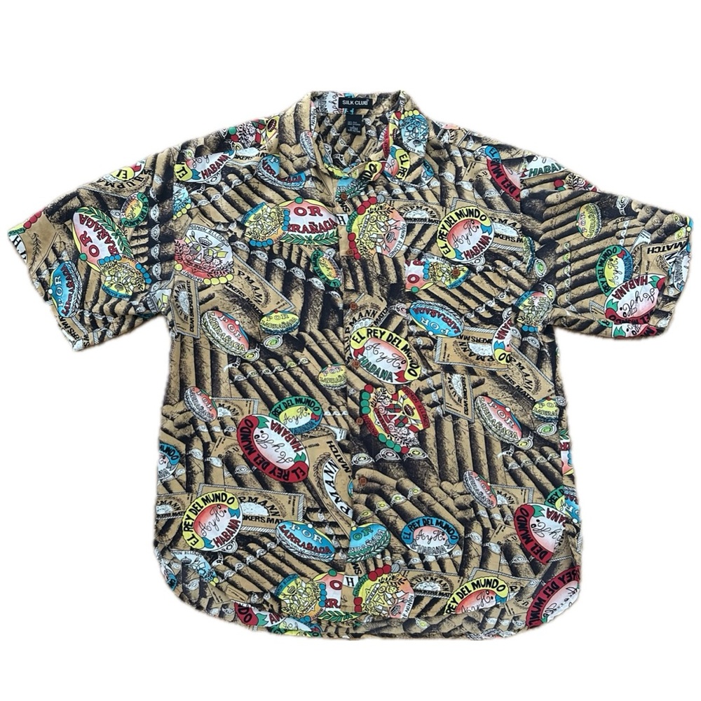 Men’s Large 100% Silk Short Sleeve Button Down Cigar Short Vintage Y2K Hawaiian